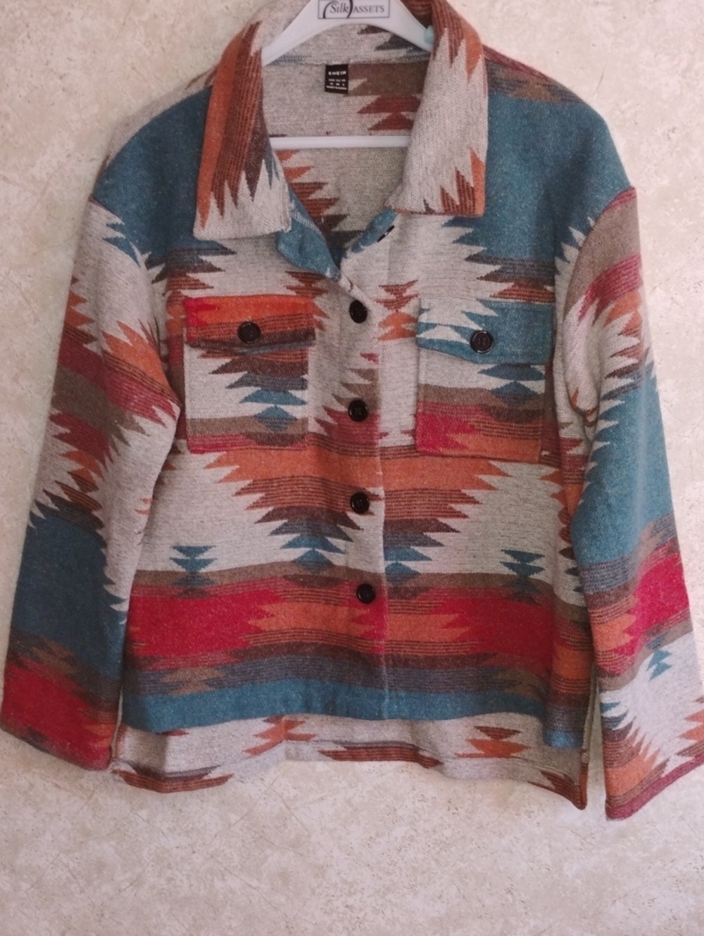 SHEIN Southwestern Button-Front Shacket in Teal, Rust & Cream, Aztec, Size M
